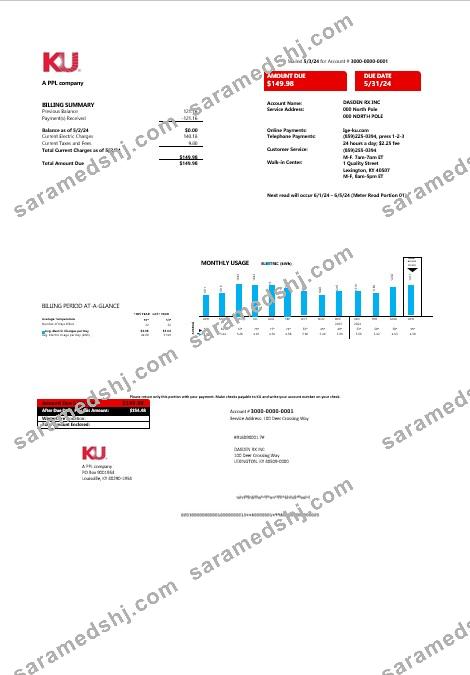 USA Kentucky electricity business utility bill template in Word and PDF format